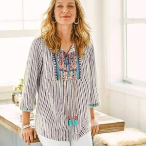 J Jill Love Linen blue stripe 3/4 sleeve embroidered boho top w/tassels. Sz SP